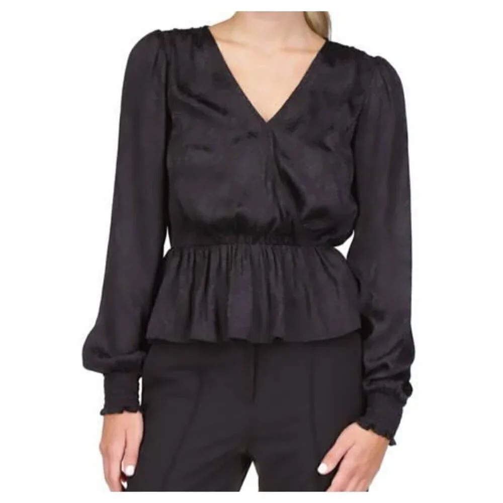 Michael Kors Women's Blouse Jacquard-Print Faux-Wrap Peplum Top XL NWOT